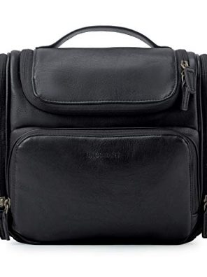 Hanging Toiletry Bag is a large, leather travel organizer that is waterproof and perfect for storing full-sized containers, toiletries, brushes, and shaving items. It is suitable for both men and women and comes in black color. The bag's hanging design makes it easy to access and use your toiletries while traveling.