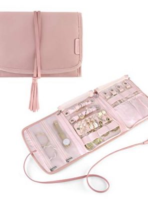 Foldable Pink Jewelry Organizer Case with Tassel for Traveling - Rings, Necklaces, Earrings, Bracelets.
