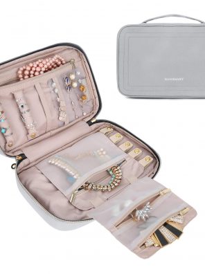 Gray Jewelry Organizer Storage Bag for Necklaces, Earrings, Rings, and Bracelets.